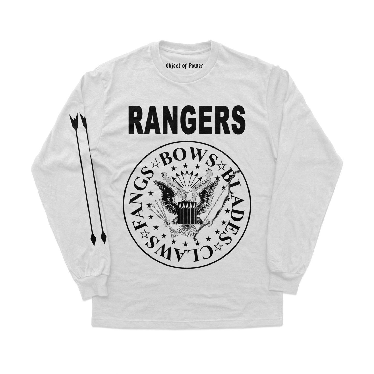Object of Power nerdy gamer anime tabletop roleplaying Long Sleeve Tee Rangers Rock Band Long Sleeve Tee Front & Sleeve Prints / White / XS